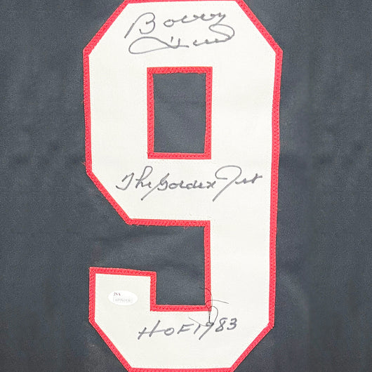 Bobby Hull Signed The Golden Jet, HOF 1983 Inscription Chicago Black Hockey Jersey (JSA)