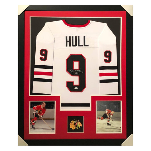 Bobby Hull Signed Chicago Framed Vertical Layout Pro Edition White Jersey (JSA)