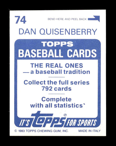 Dan Quisenberry Autographed 1983 Topps Sticker Card #74 Kansas City Royals SKU #178443