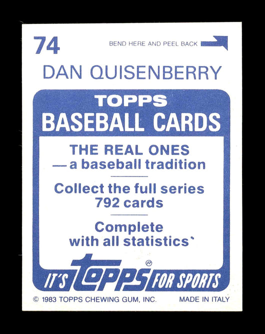 Dan Quisenberry Autographed 1983 Topps Sticker Card #74 Kansas City Royals SKU #178443