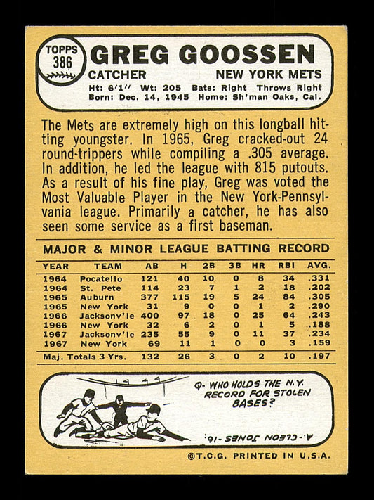 Greg Goossen Autographed 1968 Topps Card #386 New York Mets SKU #183061