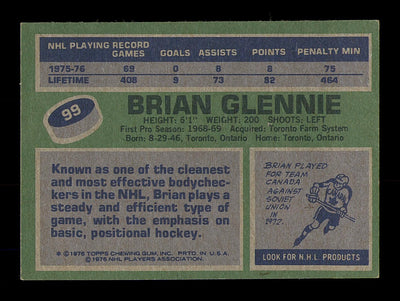 Brian Glennie Autographed 1976-77 Topps Card #99 Toronto Maple Leafs SKU #183100