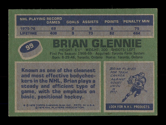 Brian Glennie Autographed 1976-77 Topps Card #99 Toronto Maple Leafs SKU #183100