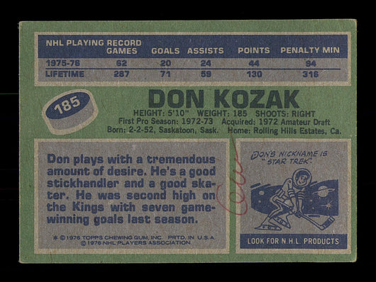 Don Kozak Autographed 1976-77 Topps Card #185 Los Angeles Kings SKU #183128