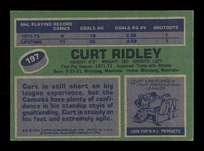 Curt Ridley Autographed 1976-77 Topps Rookie Card #197 Vancouver Canucks SKU #183146