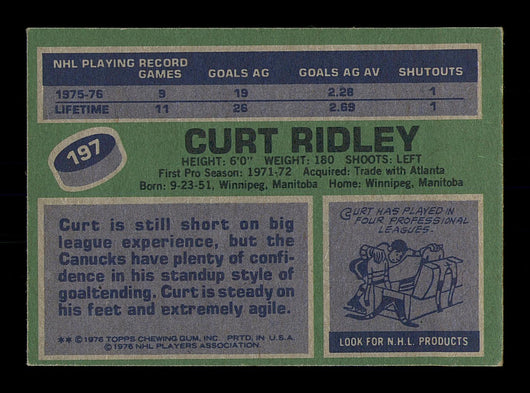 Curt Ridley Autographed 1976-77 Topps Rookie Card #197 Vancouver Canucks SKU #183146