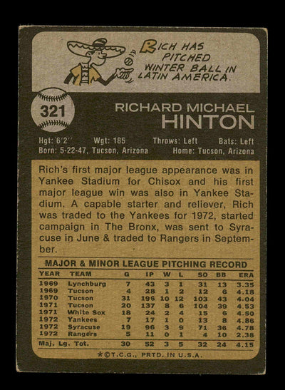 Rich Hinton Autographed 1973 Topps Card #321 Texas Rangers SKU #178697