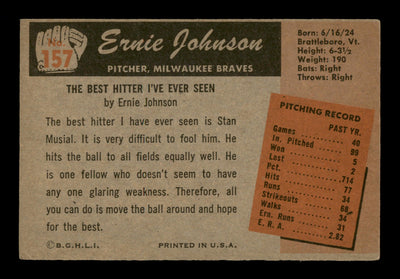 Ernie Johnson Autographed 1955 Bowman Card #157 Milwaukee Braves SKU #187872