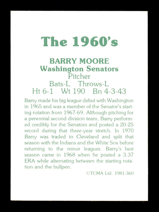 Barry Moore Autographed 1981 TCMA Card #360 Washington Senators "Best Wishes" SKU #171832