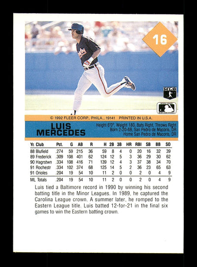 Luis Mercedes Autographed 1992 Fleer Card #16 Baltimore Orioles SKU #183550