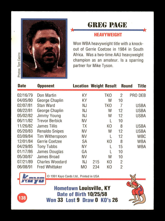 Greg Page Autographed 1991 Kayo Rookie Card #138 Four Champ SKU #167220