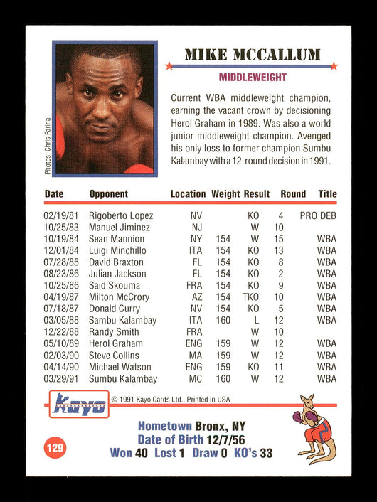 Mike McCallum Autographed 1991 Kayo Card #129 SKU #167237