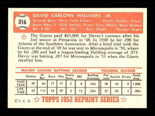 Dave "Davey" Williams Autographed 1983 Topps 1952 Topps Reprint Card #316 New York Giants SKU #172148