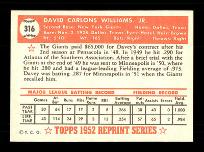Dave "Davey" Williams Autographed 1983 Topps 1952 Topps Reprint Card #316 New York Giants SKU #172148