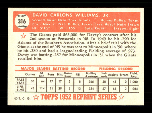 Dave "Davey" Williams Autographed 1983 Topps 1952 Topps Reprint Card #316 New York Giants SKU #172148