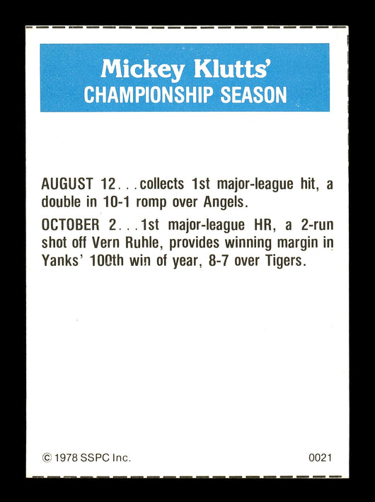 Mickey Klutts Autographed 1978 SSPC Card #21 New York Yankees SKU #172251