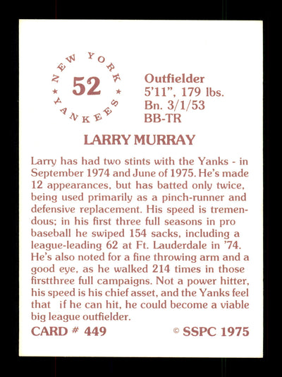 Larry Murray Autographed 1975 SSPC Rookie Card #449 New York Yankees SKU #172531