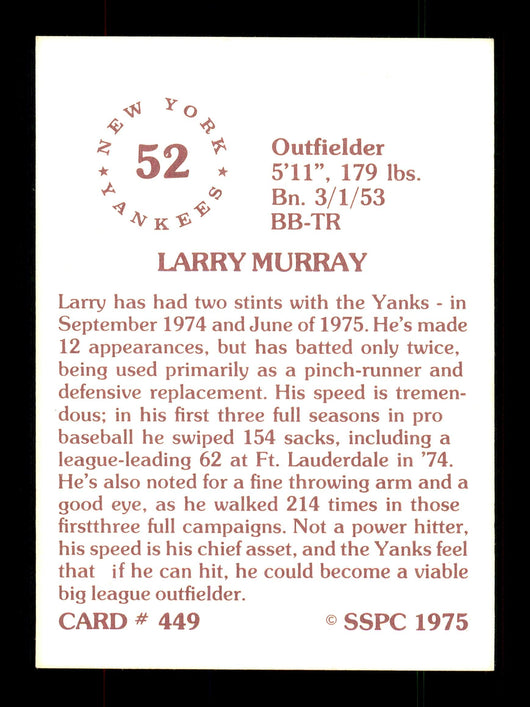 Larry Murray Autographed 1975 SSPC Rookie Card #449 New York Yankees SKU #172531