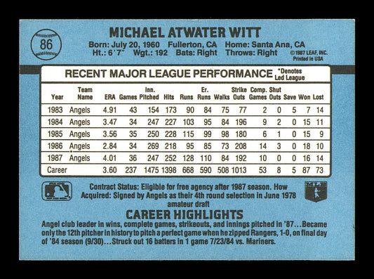 Mike Witt Autographed 1988 Donruss Card #86 California Angels SKU #184394