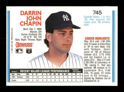 Darrin Chapin Autographed 1992 Donruss Rookie Card #745 New York Yankees SKU #184572