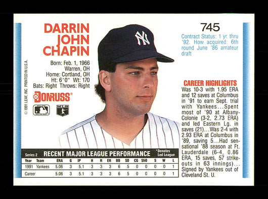 Darrin Chapin Autographed 1992 Donruss Rookie Card #745 New York Yankees SKU #184572