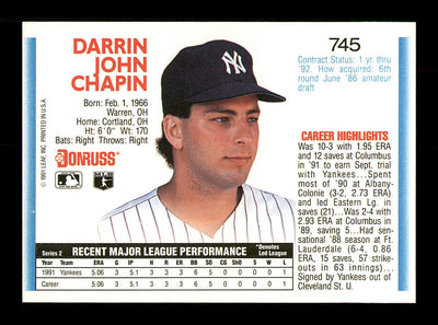 Darrin Chapin Autographed 1992 Donruss Rookie Card #745 New York Yankees SKU #184573