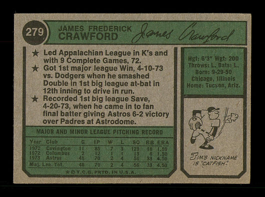 Jim Crawford Autographed 1974 Topps Card #279 Houston Astros SKU #184682
