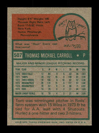 Tom Carroll Autographed 1975 Topps Mini Card #507 Cincinnati Reds SKU #168658
