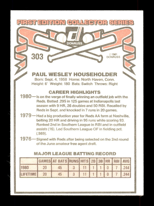 Paul Householder Autographed 1981 Donruss Rookie Card #303 Cincinnati Reds SKU #166488