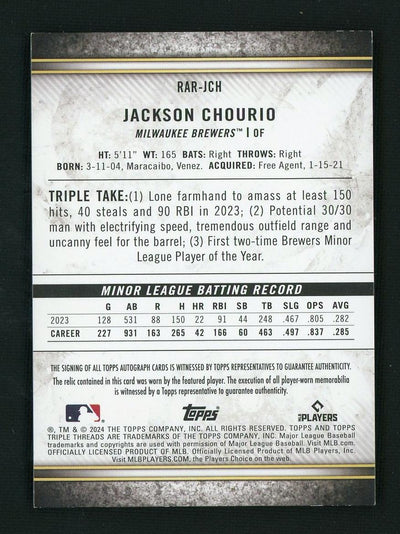 2024 Topps Triple Threads RAR-JCH Jackson Chourio Rookie /45 Milwaukee Brewers Auto