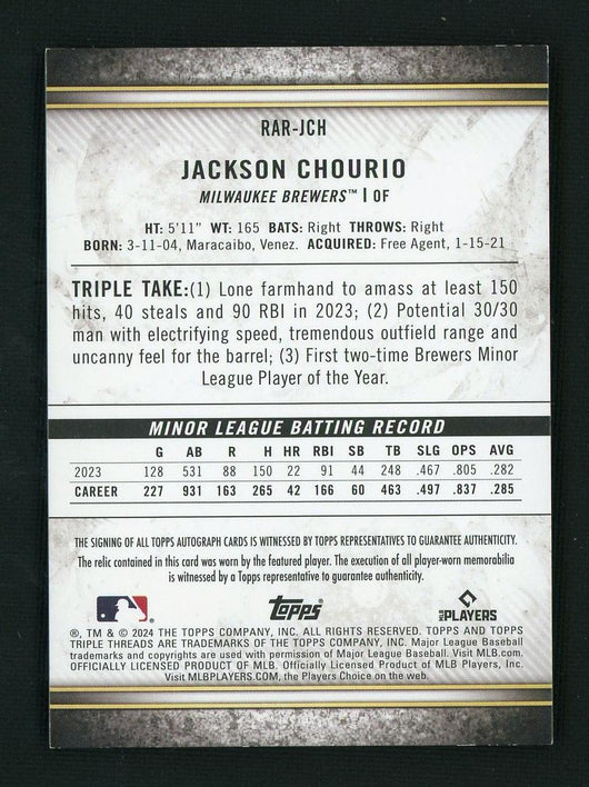 2024 Topps Triple Threads RAR-JCH Jackson Chourio Rookie /45 Milwaukee Brewers Auto