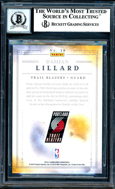 Damian Lillard Autographed 2012-13 Panini Brilliance Magic Numbers Rookie Card #10 Portland Trail Blazers Auto Grade Gem Mint 10 Beckett BAS #13605359