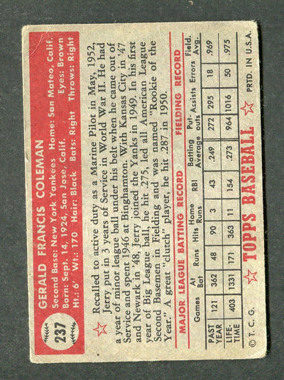 1952 Topps #237 Jerry Coleman Baseball Card