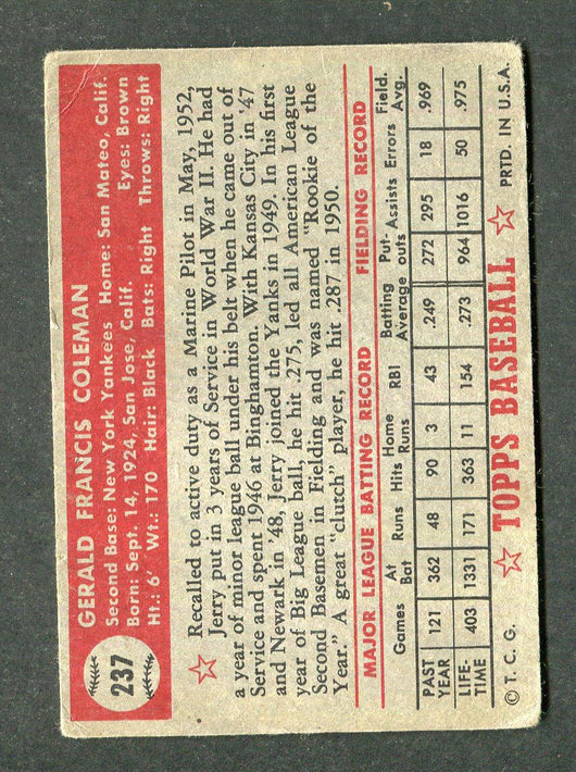 1952 Topps #237 Jerry Coleman Baseball Card