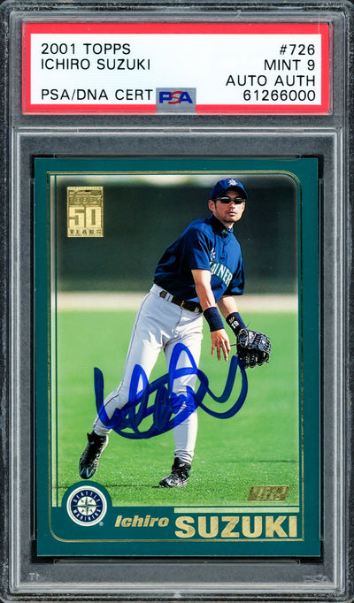 Ichiro Suzuki Autographed 2001 Topps Rookie Card #726 Seattle Mariners PSA 9 PSA/DNA Stock #220861