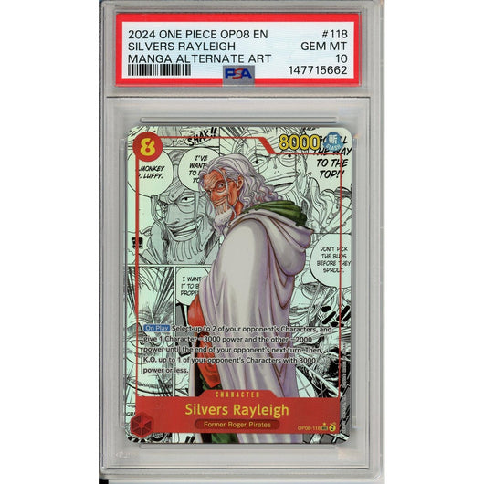 One Piece Graded: Silvers Rayleigh Alt Art Manga OP08-118 Two Legends PSA 10