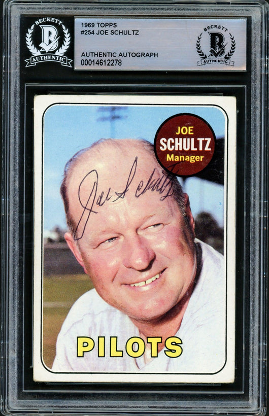 Joe Schultz Autographed 1969 Topps Card #254 Seattle Pilots Beckett BAS #14612278