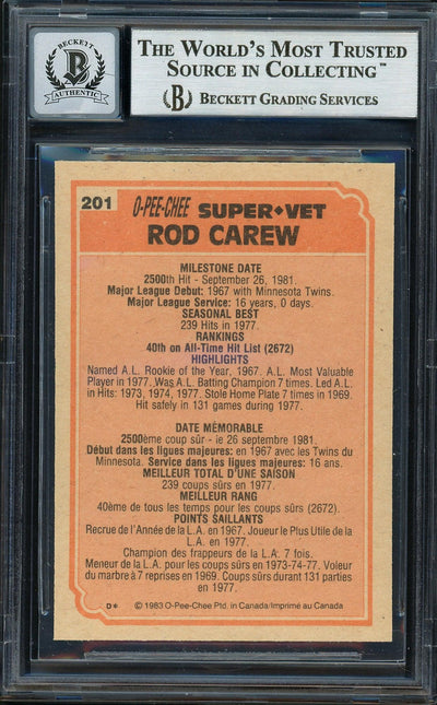Rod Carew Autographed 1983 O Pee Chee Card #201 California Angels Auto Grade Gem Mint 10 Beckett BAS #12751547