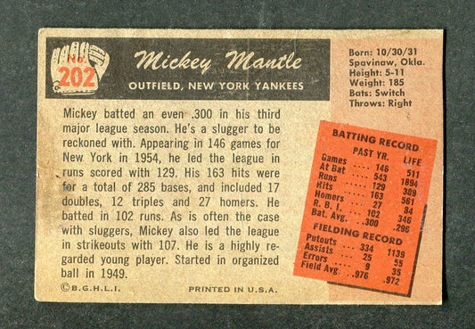 1955 Bowman #202 Mickey Mantle Yankees Baseball Card