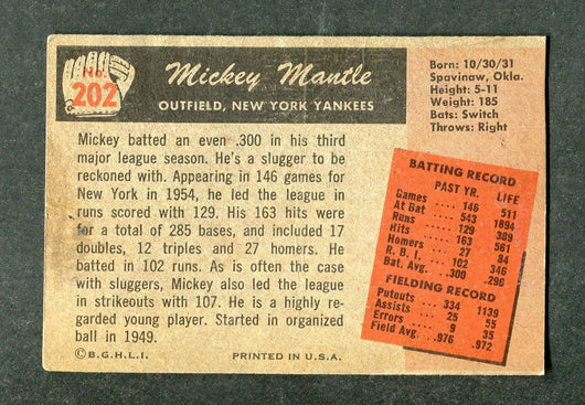 1955 Bowman #202 Mickey Mantle Yankees Baseball Card