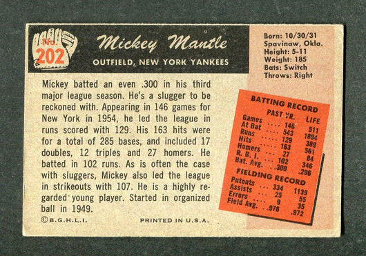 1955 Bowman #202 Mickey Mantle Yankees Baseball Card