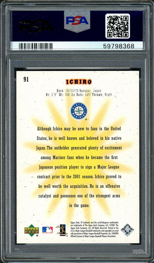 Ichiro Suzuki Autographed 2001 SP Authentic Rookie Card #91 Seattle Mariners PSA 8 Auto Grade Gem Mint 10 "01 ROY/MVP" #31/1250 PSA/DNA #59798368