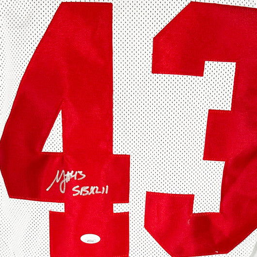 Michael Johnson Signed SBXLII Inscription New York White Football Jersey (JSA)