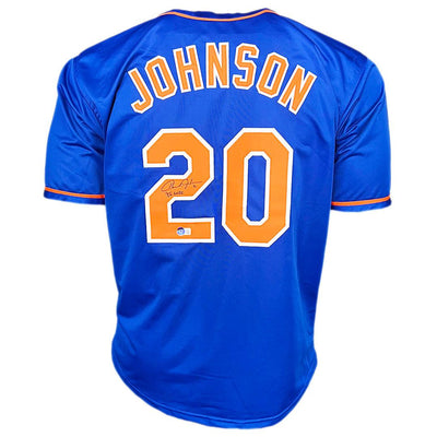 Howard Johnson Signed 86 WSC Inscription New York Blue Baseball Jersey (Beckett)