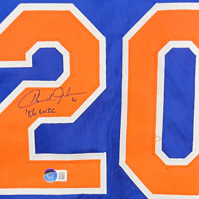 Howard Johnson Signed 86 WSC Inscription New York Blue Baseball Jersey (Beckett)