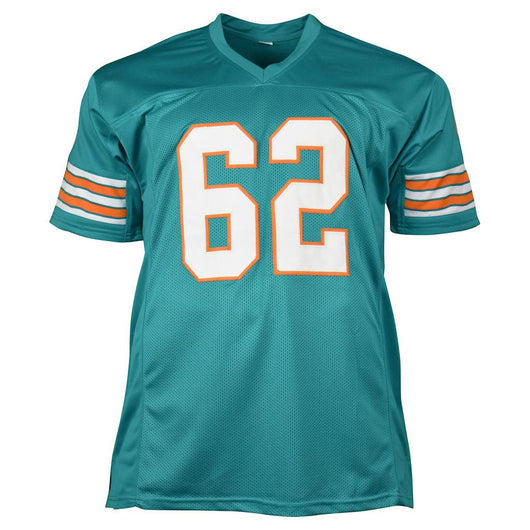 Jim Langer Signed HOF 87 Inscription Miami Pro Teal Football Jersey (JSA)