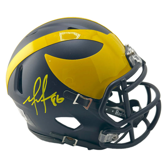 Mario Manningham Signed Yellow Ink Inscription Michigan Wolverines Speed Mini Football Helmet (Beckett)
