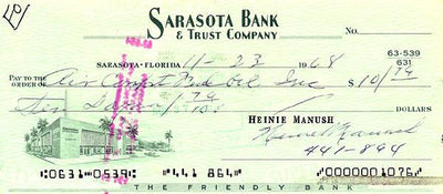 Heinie Manush Autographed Check Washington Senators SKU #100282