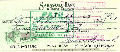 Heinie Manush Autographed Check Washington Senators SKU #100283