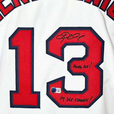 Doug Mientkiewicz Signed Final Out, 04 WS Champs Inscription Boston White Baseball Jersey (Beckett)